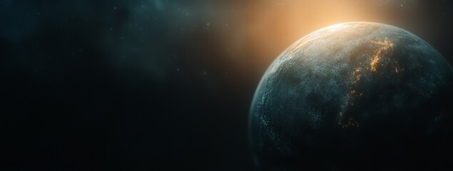 A celestial body bathed in golden light, adrift in the vast expanse of space.