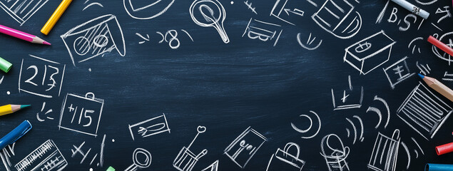 Back to school blackboard with chalk and clock symbolizing education and planning