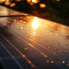 A close-up of solar panels reflecting sunlight with droplets of water.