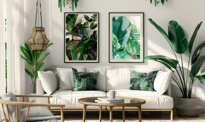 Stylish living room features a cozy sofa accompanied by a set of two framed botanical art pieces hanging on a bright wall. Lush greenery and modern decor create an inviting atmosphere