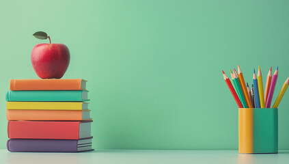 School supplies on a table with pencils, sharpener, and stationery items