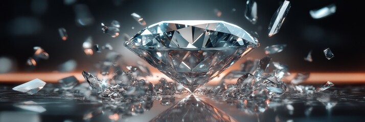 Shattering diamond amidst flying debris in dramatic display of light