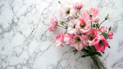 Stylish modern home office with a bouquet of pink flowers adding a touch of elegance to a white marble desk