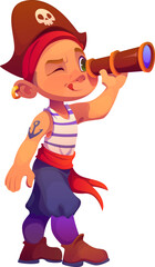 Cartoon kid boy pirate corsair with spyglass. Vector adventurous sailor child using a glass, dressed in a striped shirt, bandana and cocked hat with a skull party costume during game or masquerade