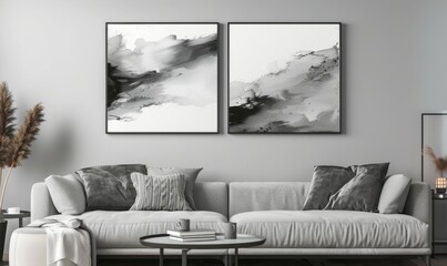 In a stylishly furnished living room, two contemporary picture frames featuring abstract art hang on a polished grey wall. Soft textures and neutral colors create a cozy atmosphere