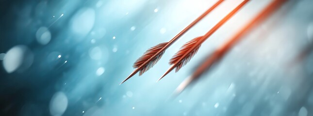 Two metallic arrows fly through a bokeh background.  A concept of success and reaching goals.