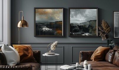 A stylish living room showcases a set of two framed artworks on a dark wall. Plush seating and decorative elements create an inviting atmosphere, ideal for contemporary decor enthusiasts