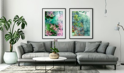 This stylish living room showcases a cozy gray sectional sofa paired with a round coffee table. Two beautifully framed floral artworks adorn the wall, creating a serene atmosphere