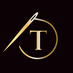 Letter T Tailor Logo, Needle and Thread Logotype for Garment, Embroider, Textile, Fashion, Cloth, Fabric Sign