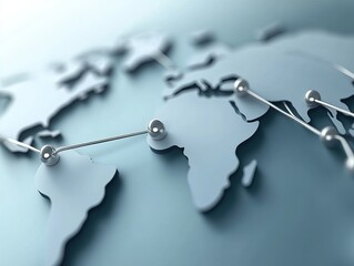 Global connections visualized on a 3D world map.  Metallic pins and lines represent worldwide networking.