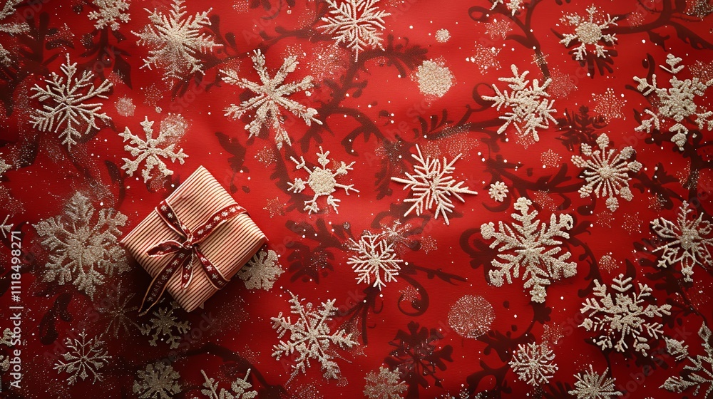 Poster A joyful Christmas-themed paper with snowflakes strewn all over and a small gift set over a crimson setting notion of winter and festive printed items and space, Generative AI.
