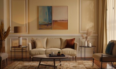 In a beautifully designed living room, a sophisticated arrangement of three picture frames adorns the wall