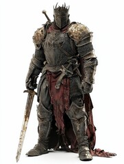 Obraz premium Weathered knight, sword, armor, cape, isolated.