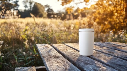 Naklejka premium White cup on rustic wooden picnic table outdoors in autumn.