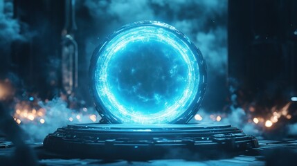 A glowing blue portal surrounded by mist and dark structures, suggesting a sci-fi theme.