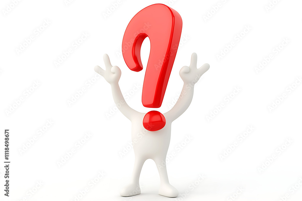Poster a whimsical character with a large red question mark for a head, expressing curiosity.