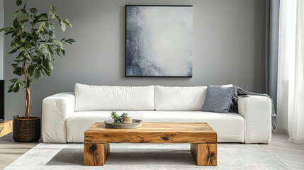 Stylish Modern Living Room with Wooden Square Coffee Table, White Sofa, and Grey Art Poster Wall