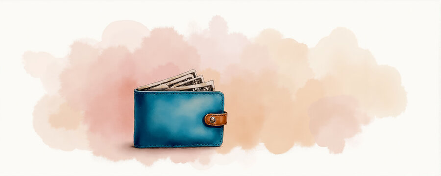 Watercolor depiction of a blue wallet with cash resting against a soft, colorful background