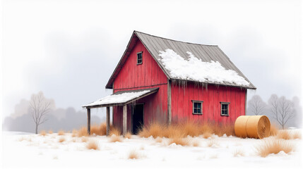 Wintery farm setting showcasing a red barn surrounded by snow and hay bales on a tranquil afternoon