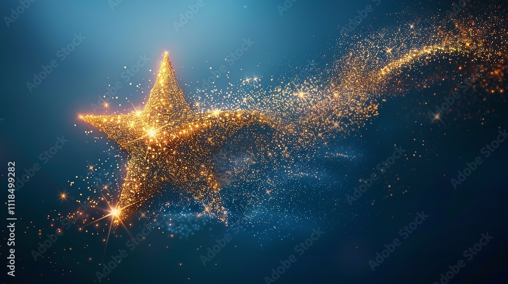 Poster over a dark blue setting, a lone star appears with a vector light effect of dazzling golden sparkles