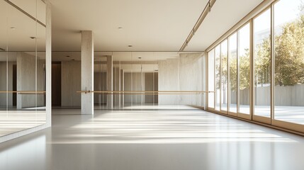 Obraz premium Sunlit spacious dance studio with mirrors and barre.