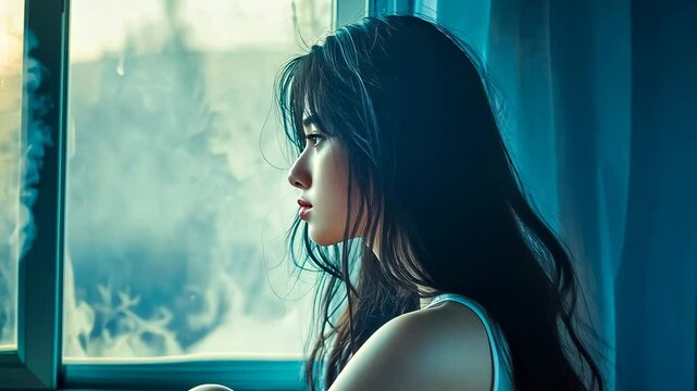 A young Asian woman sits by a foggy window, lost in thought, during the early morning. Her expression and casual attire suggest a moment of reflection or solitude.