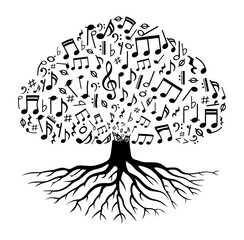 Tree with music note, music tree with flying musical notes, music sound, tune bass treble