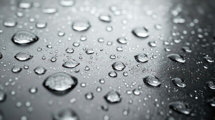 Close-up of water droplets on a dark metallic surface.