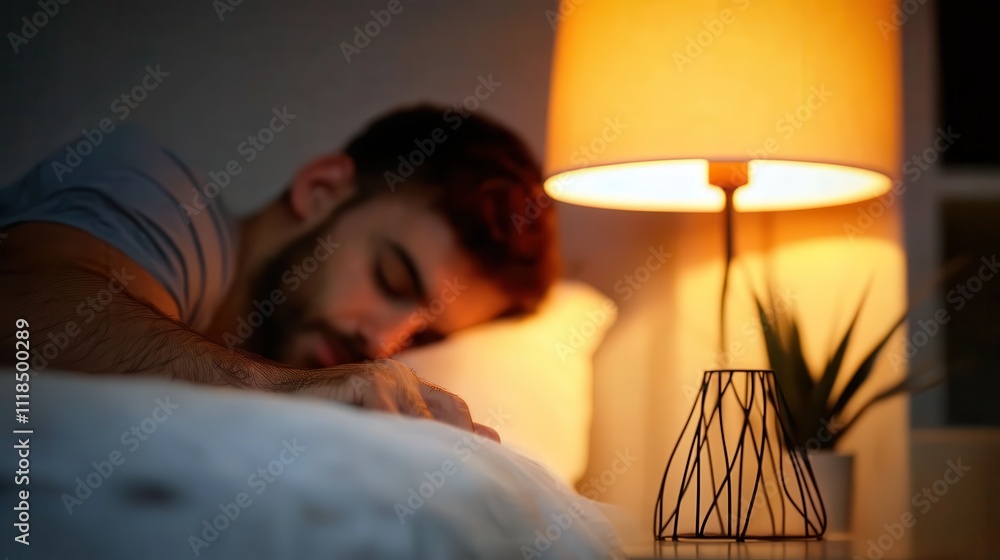 Poster a man is sleeping gently on a bed with a soft glow from a bedside lamp, creating a cozy atmosphere a