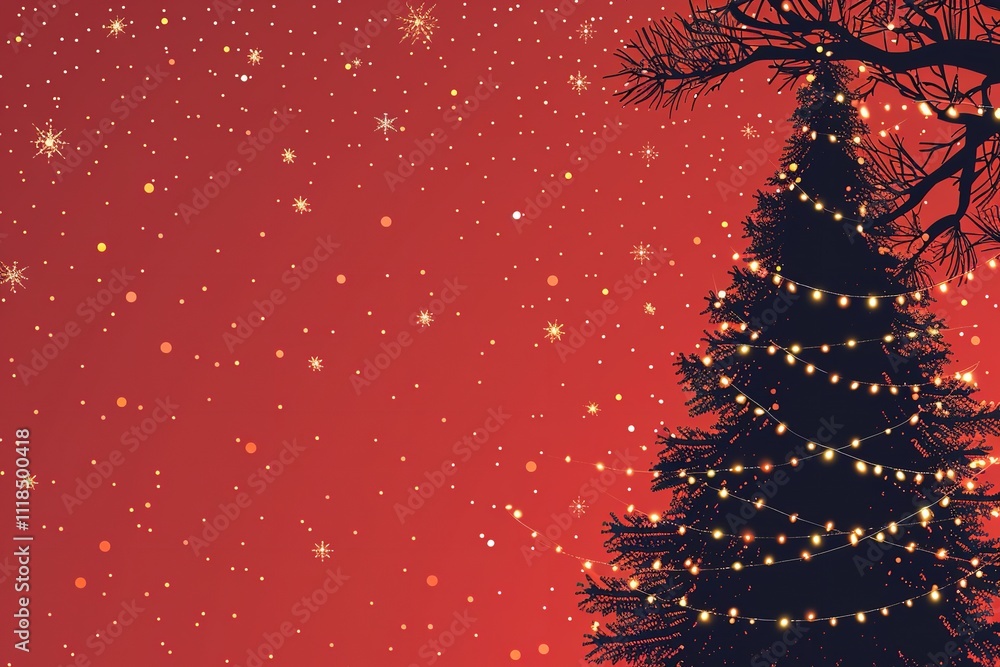 Aufkleber A close-up graphic of the fir tree and strings of lights in the background on a red background having enough of content area for backdrop usage, Generative AI.