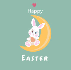 bunny  moon egg blue, happy easter, heart, easter greeting card with bunny