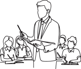 Line Drawing of a Teacher with Students on White Background – Simple Education Illustration