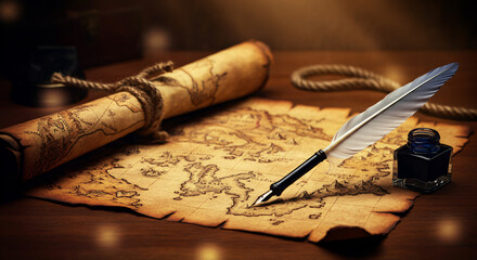 Antique map with a quill pen, inkwell, and rolled scroll.
