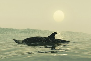 Fototapeta premium A serene scene of a dolphin swimming in calm waters at sunset.