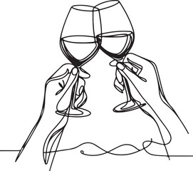 Elegant Line Drawing of Hands Clinking Wine Glasses on White Background