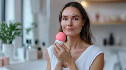 A woman in a modern bathroom holding a pink facial cleansing tool, enjoying a moment of self-care, happiness, and calm during her peaceful skincare routine.