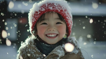 A joyful child smiling in a snowy landscape, capturing the essence of winter happiness.
