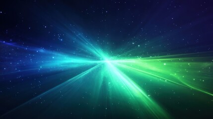 Obraz premium Abstract cosmic rays burst, teal green light beams, dark blue background, glowing particles.