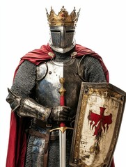 Fototapeta premium Crowned knight, armor, sword, shield, red cloak.