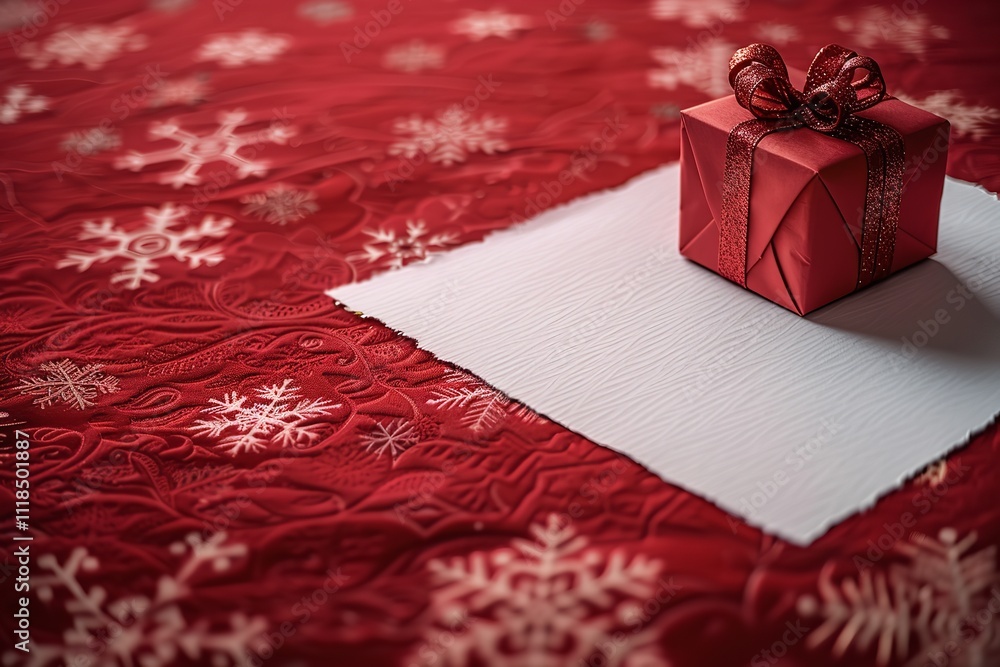 Poster a joyful christmas-themed paper with snowflakes strewn all over and a small gift set over a crimson 