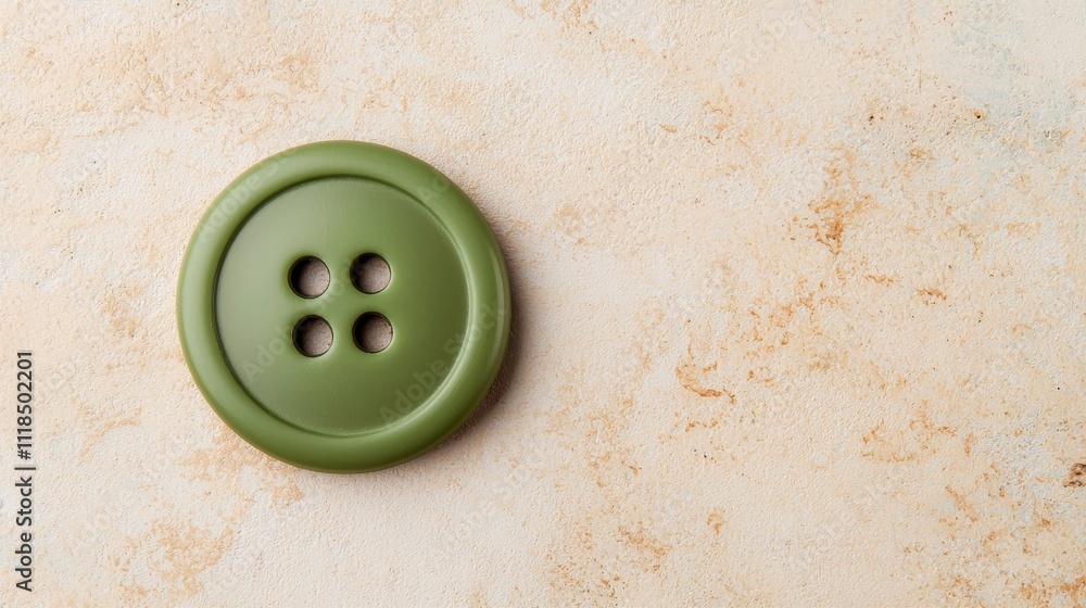 Poster a close-up of a green button with four holes, set against a textured, neutral background, emphasizin