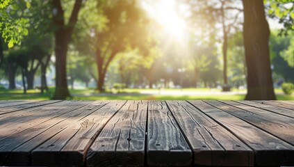 wooden table Close up with blurry trees generated.AI