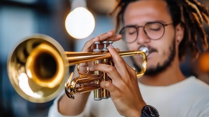 Obraz premium A focused man with glasses and dreadlocks plays the trumpet indoors, creating an impression of passion, energy, and joy in his musical expression.