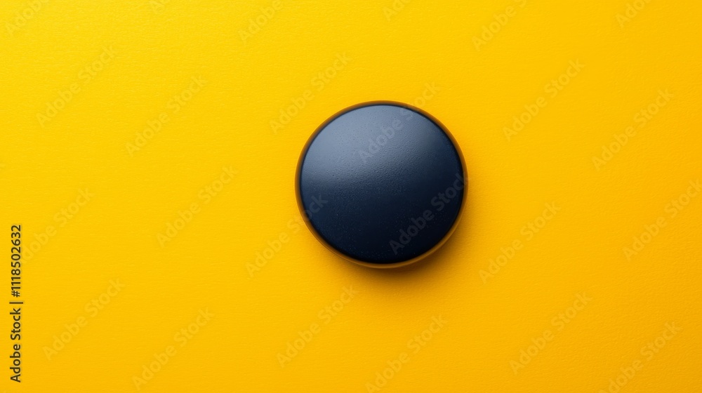 Poster a circular black object placed centrally on a vibrant yellow background, creating a striking visual 