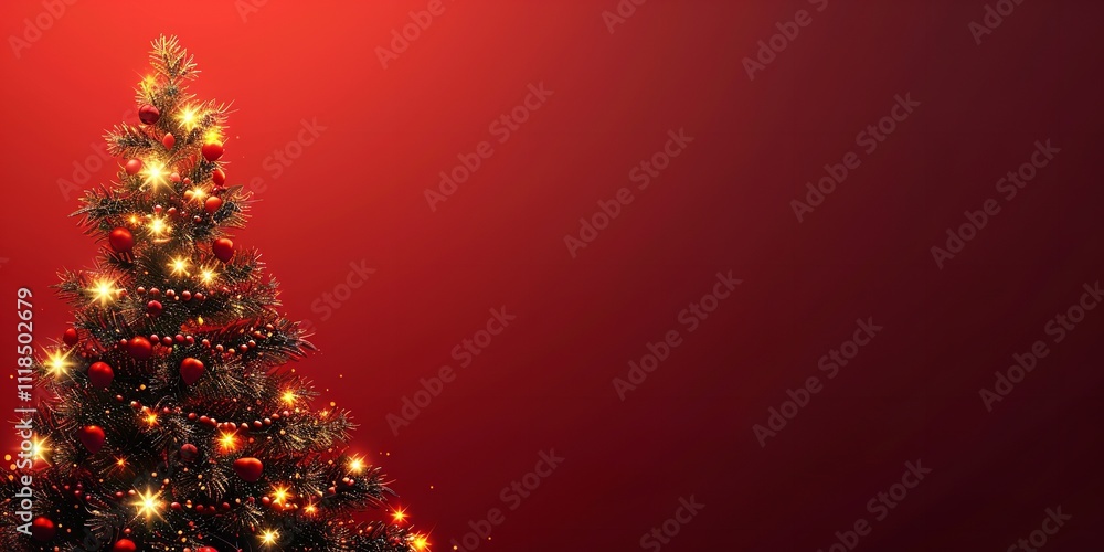 Aufkleber A close-up graphic of the fir tree and strings of lights in the background on a red background having enough of content area for backdrop usage, Generative AI.
