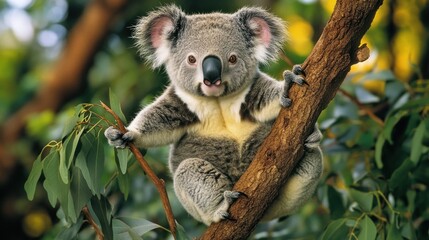 Obraz premium A koala clings to a tree branch surrounded by eucalyptus leaves in a natural setting.