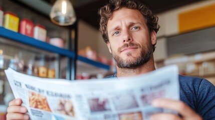 A man with curly hair and a blue shirt reads a newspaper in a dimly lit cafe setting, emphasizing a focused and thoughtful expression in the ambiance.