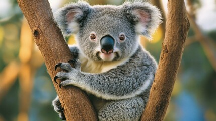 Fototapeta premium A koala clings to a tree branch, showcasing its fluffy fur and curious expression.