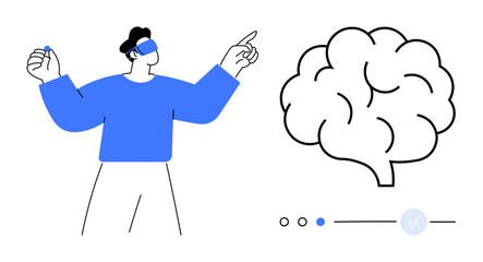 Man using VR headset pointing and interacting with brain model. Ideal for technology, innovation, VR, AI, neuroscience, education, simulation. Line metaphor