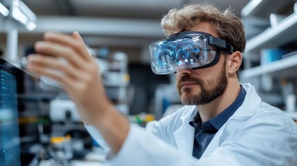A determined scientist in a laboratory environment uses advanced virtual reality glasses to analyze data, highlighting innovation and futuristic exploration.